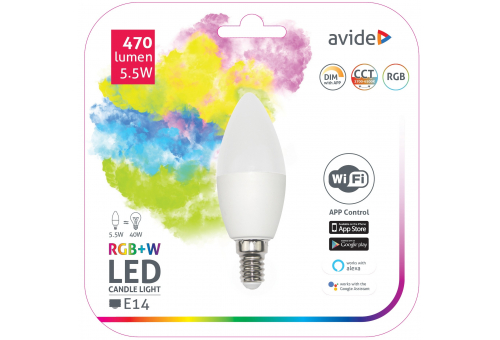 Bec LED Smart lumânare 5.5W RGB+W control Wifi APP Avide