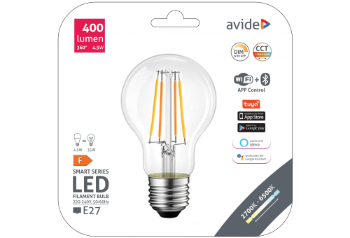 Bec LED Smart Filament Globe 4.5W A60 CCT control Wifi + BLE APP Avide